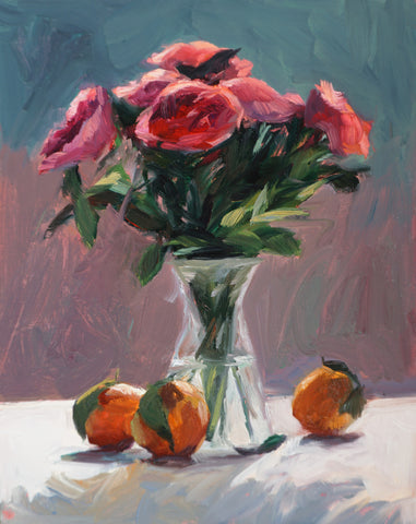 Bright Pink Roses - Original Oil Painting