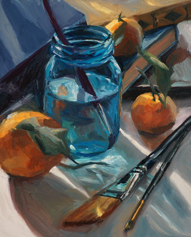 Blue Mason Jar and Oranges - Original Oil Painting