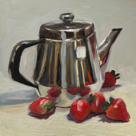 Strawberries with Teapot - Original Oil Painting