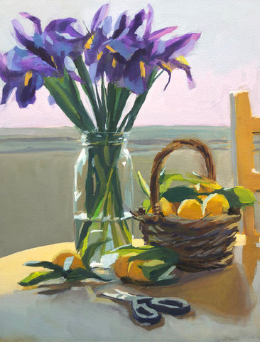 Irises and Lemons - Original Gouache Painting