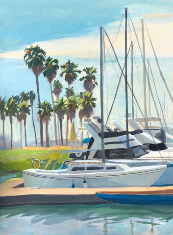 Boats and Palms - Original Gouache Painting